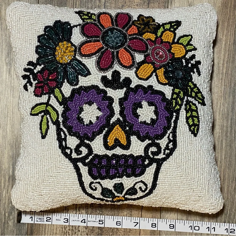 Hand Beaded Sugar Skull Decorative Accent Pillow